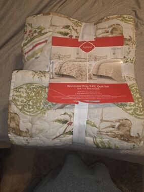 Winter Trails Reversible King 3-Piece Quilt Set - Cream/Green/Tan